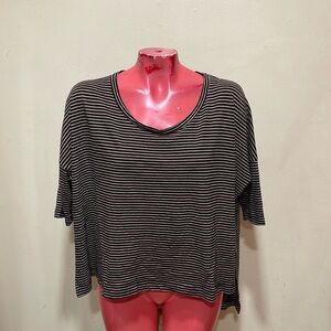 Free People Black & Beige Striped Short Sleeve Tee High Cut Sides Oversized XS